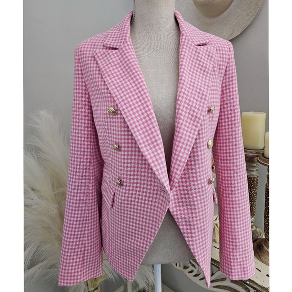 Alara Pink White Check Gold Button Tweed Blazer - Picture 4 of 9